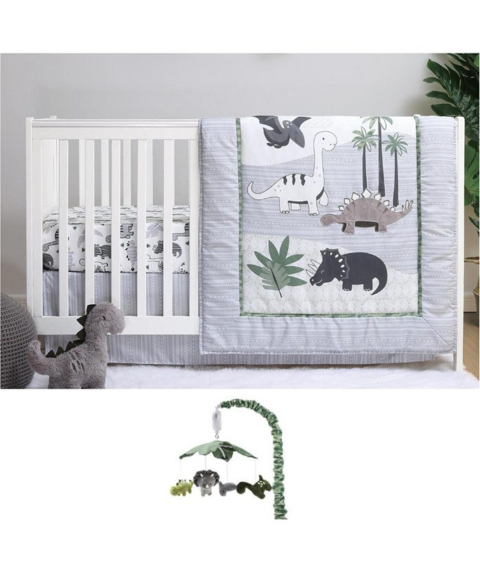 The Peanutshell Green Dino 4 Piece Baby Nursery Crib Bedding Set， Quilt， Crib Sheet， Crib Skirt， Mobile