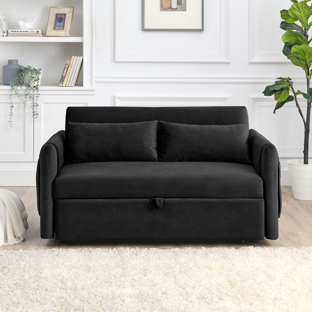 Velvet Convertible Sofa Bed with 2 Detachable Arm Pockets