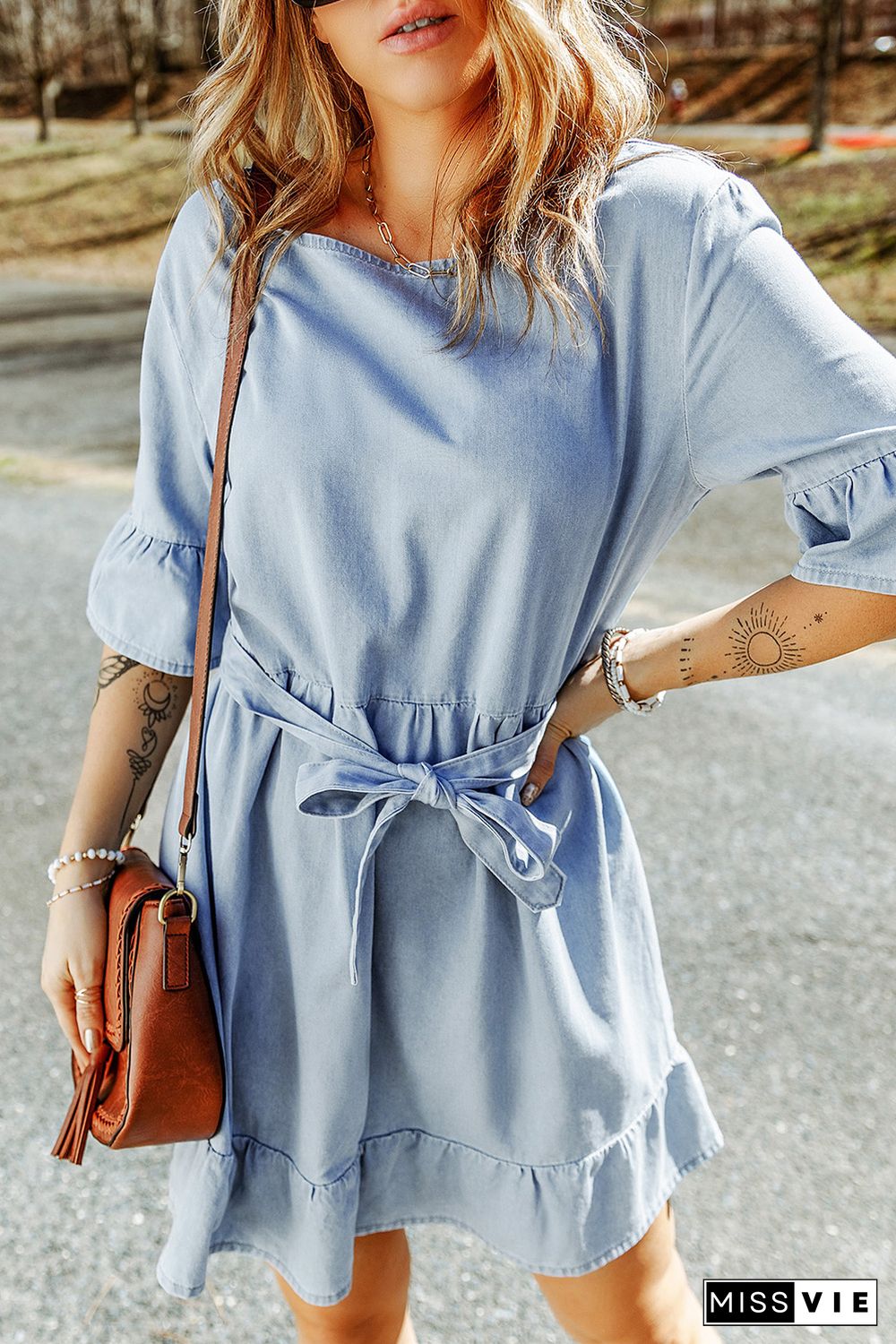 Sky Blue Ruffle Trim Half Sleeve Belted Denim Dress