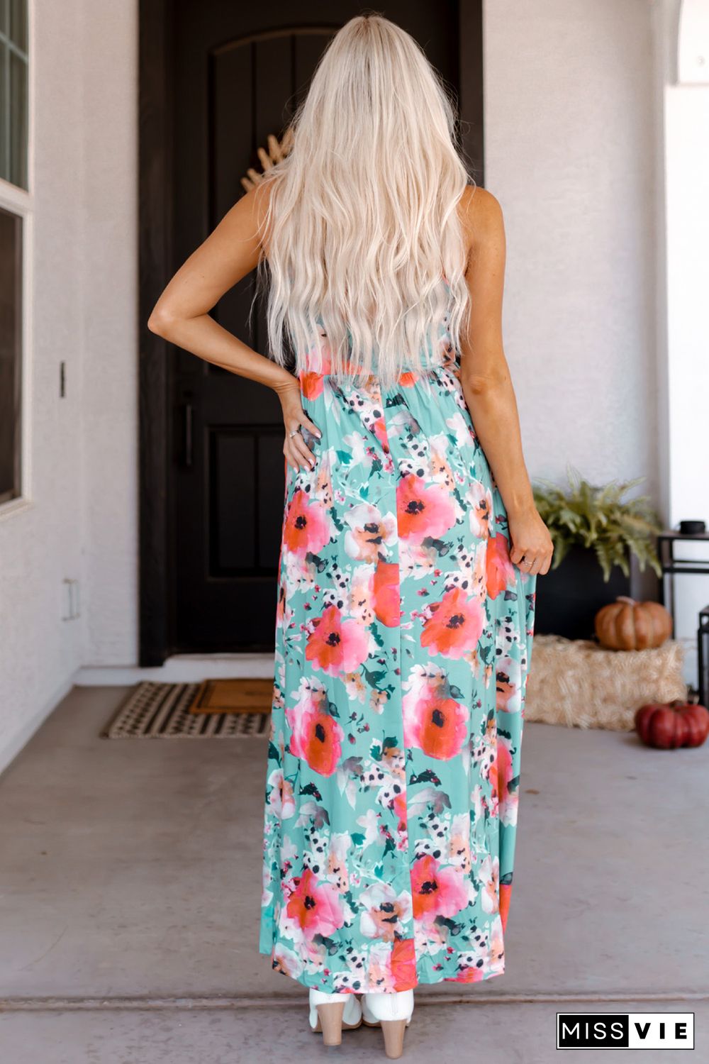 Sky Blue Boho Print Sleeveless High Waist Long Floral Dress