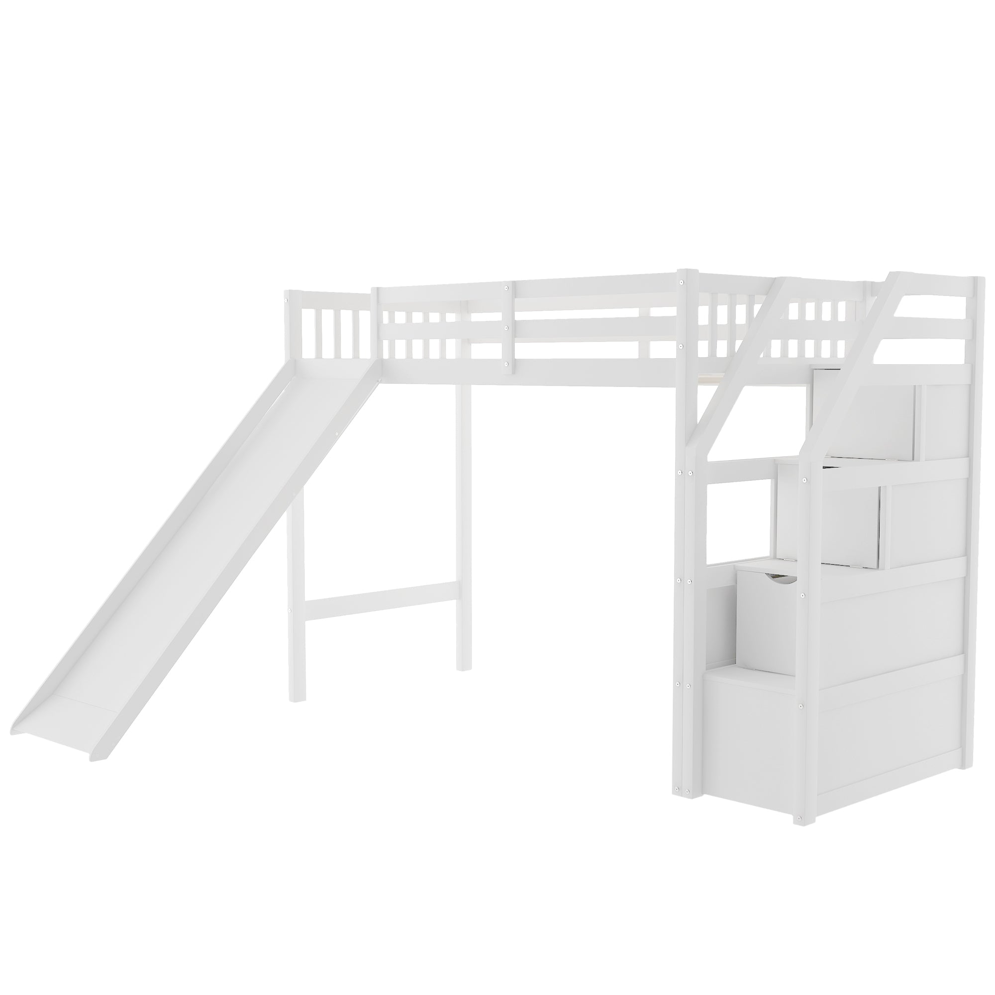 Euroco Wood Twin Size Loft Bed with Slide and Drawers for Child, White