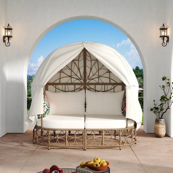 Outdoor Wicker Patio Daybed Sunbed with Curtain and Floral Pattern