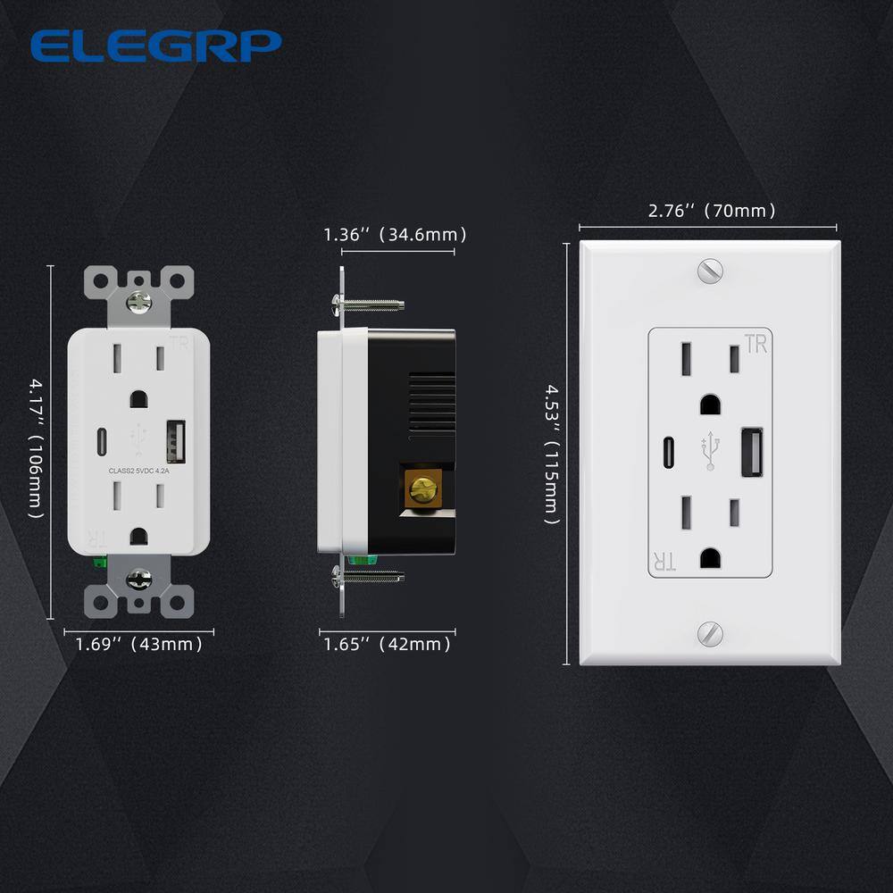 ELEGRP 4.2 Amp Type A  Type C USB Charger Wall Outlet 15 Amp Duplex Tamper Resistant Outlet with Wall Plate White（6 Pack） ER16142AC-0106S