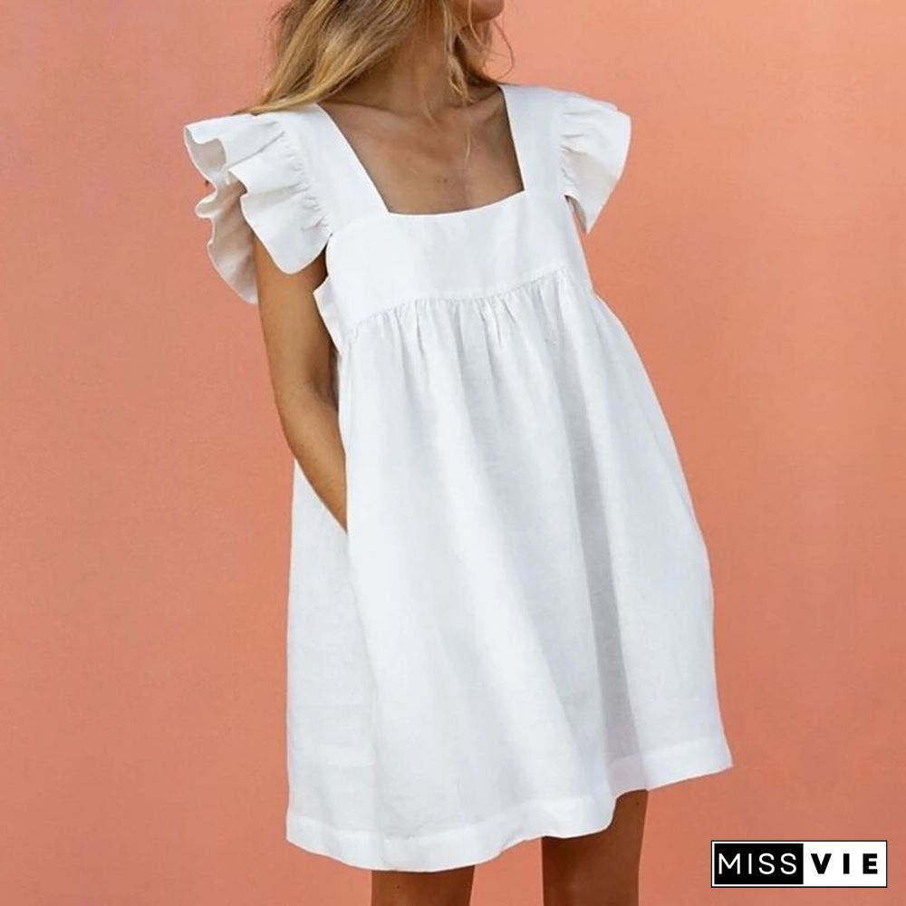 Women Ruffled Mini Dress Summer Cute Square Collar Pocket Dresses Elegant Butterfly Sleeve Beach Party Female Dresses Vestidos