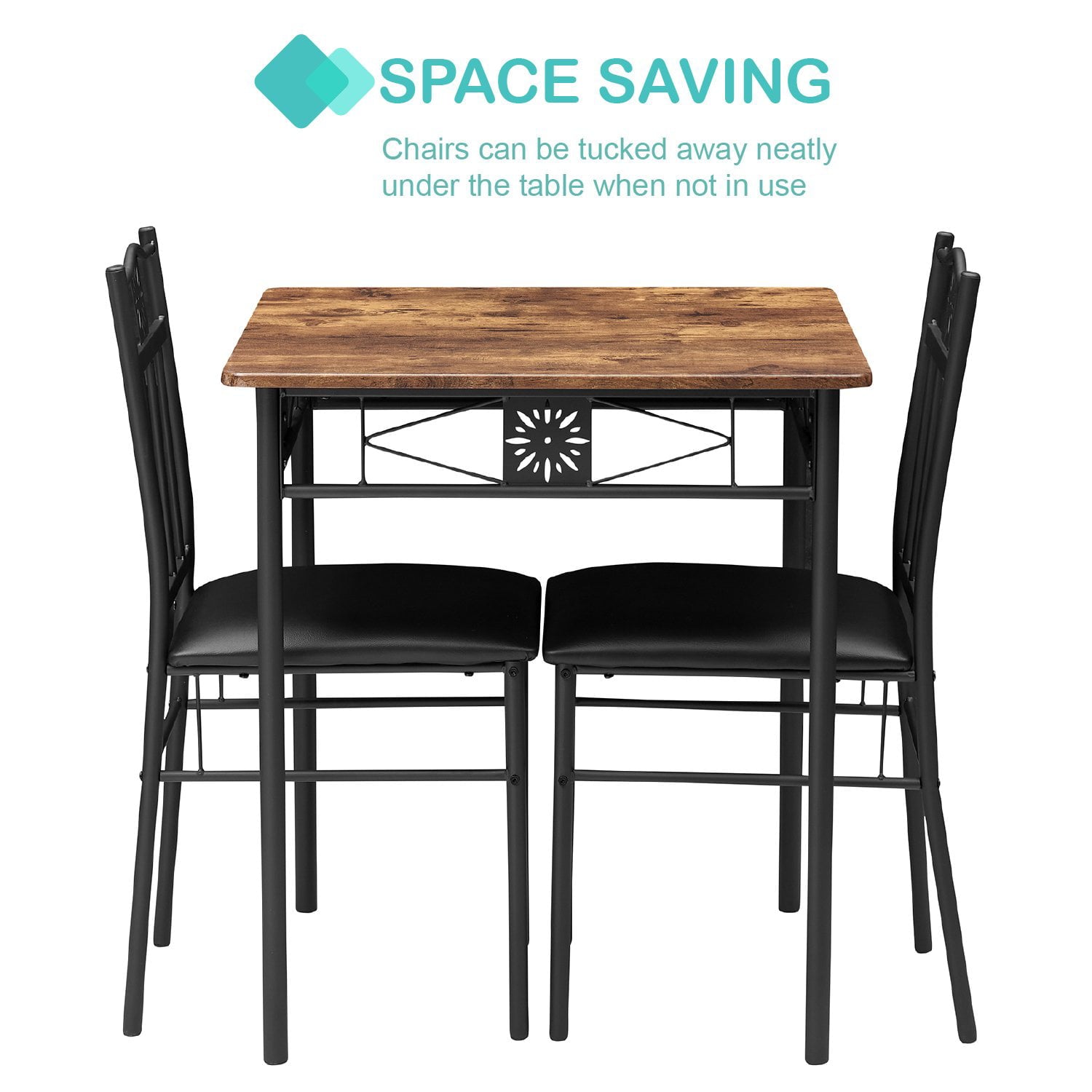 3-Piece Dining Table Sets with 2 Black Chairs for Kitchen, Dinette, Breakfast Nook, Brown