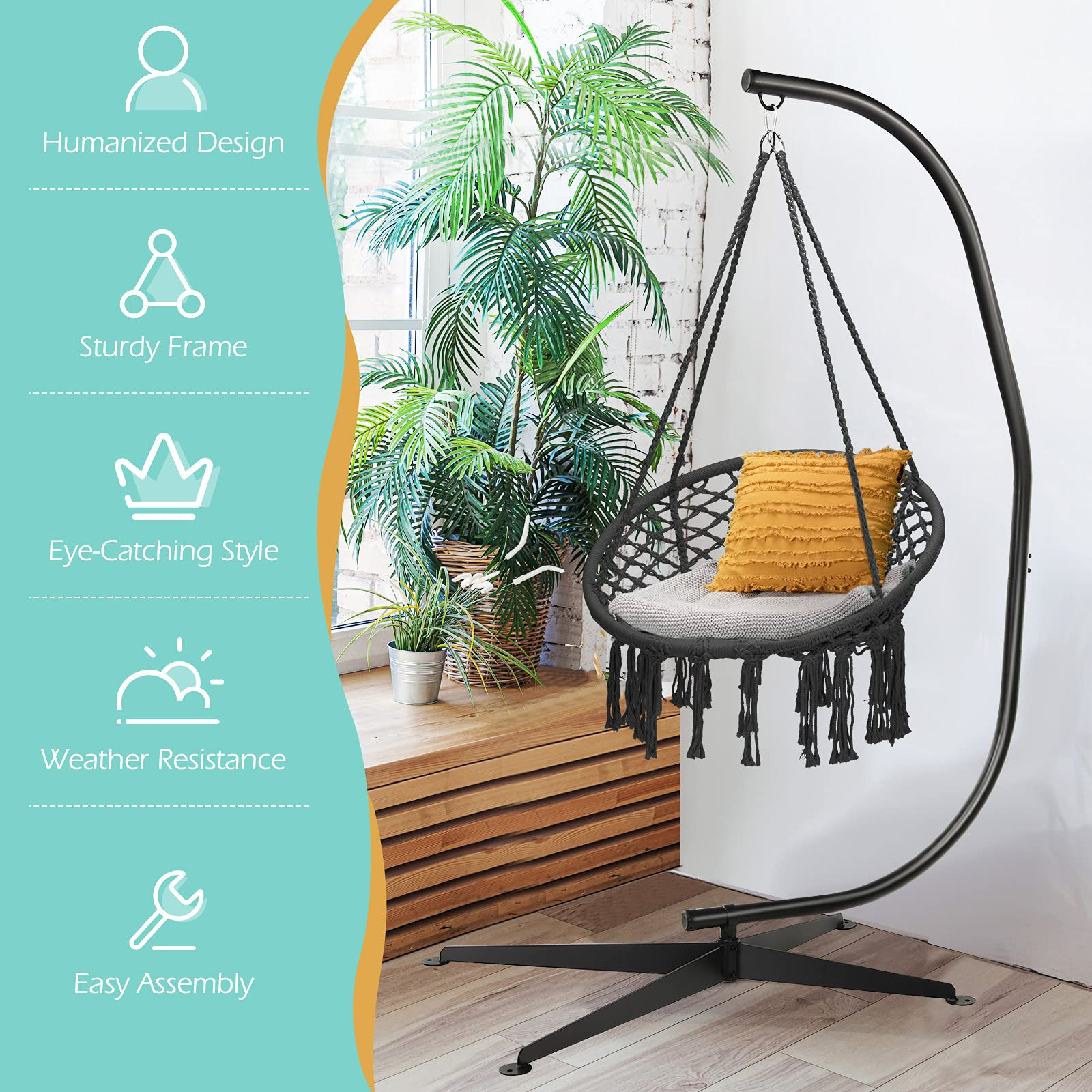 Giantex Hammock Chair with Stand, Solid Steel Heavy Duty C Stand with Macrame Hanging Chair