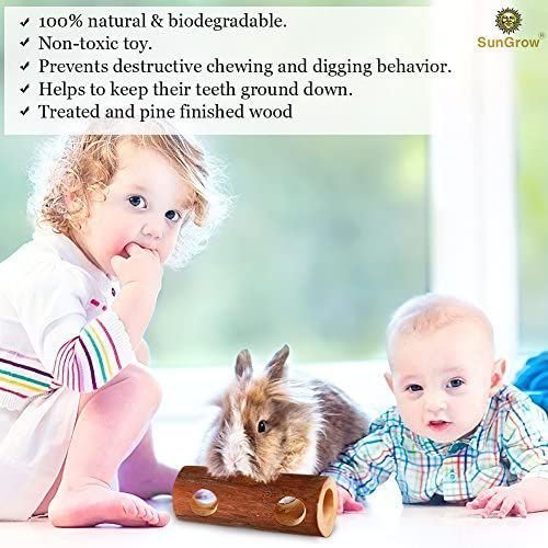 SunGrow Rabbit and Gerbil Chew Dwarf Hamster Hideout and Play Tunnel Wooden Log， 8-in