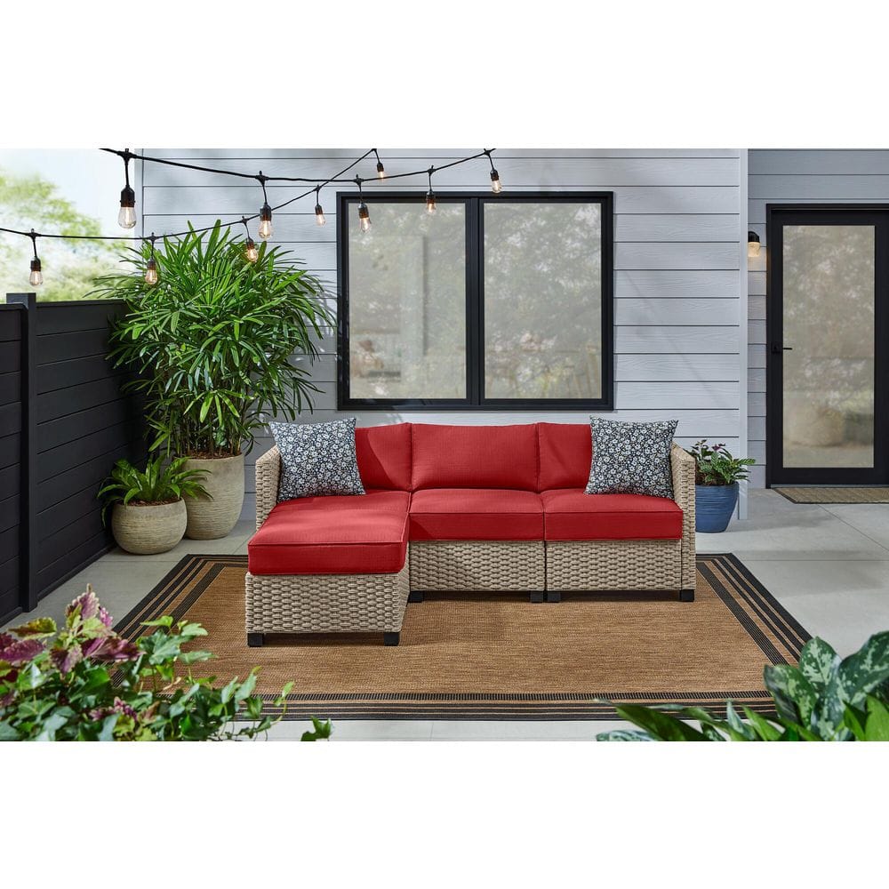 StyleWell Sandpiper Beige Stationary 4-Piece Wicker Patio Sectional Seating Set with Chili Red Cushions DE22869707172C