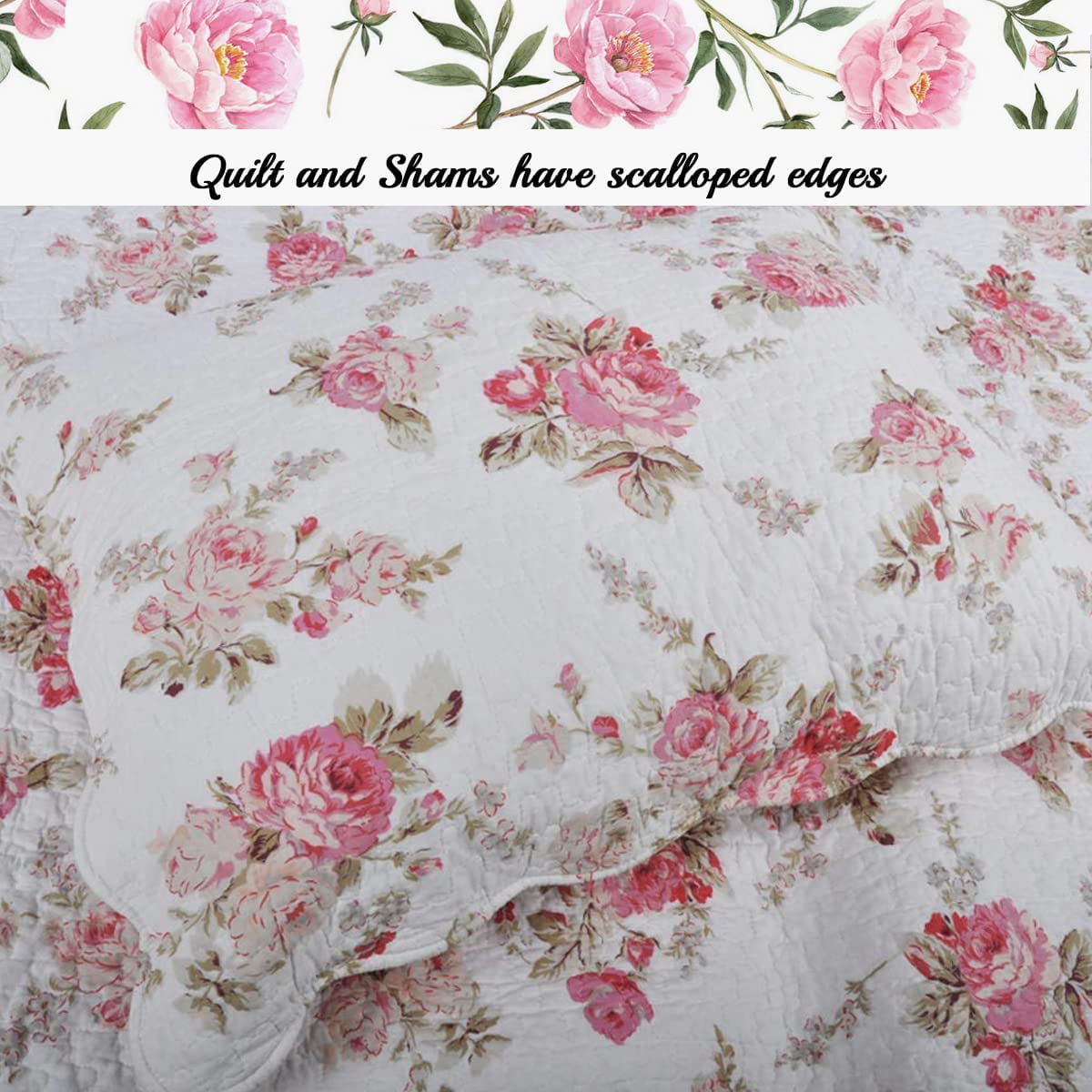 Cozy Line Shabby Chic Spring Rose 100% Cotton 3-Piece Quilt Set， Queen Set