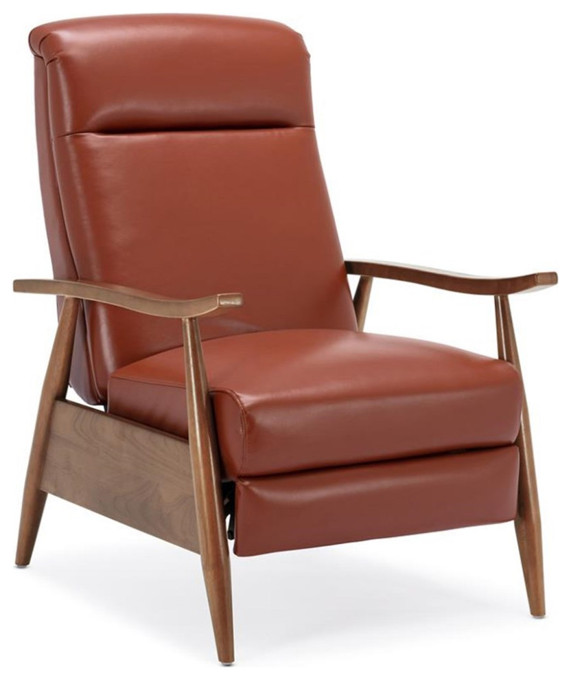 Bowery Hill Mid Century Leather/Wood Arm Push Back Recliner in Caramel   Midcentury   Recliner Chairs   by Homesquare  Houzz