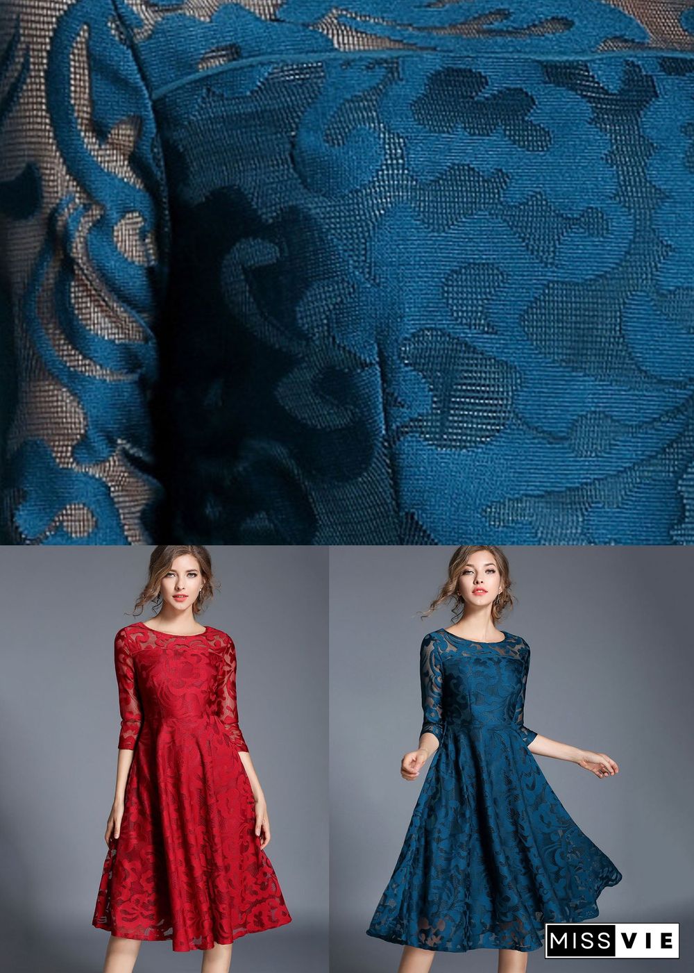 Women Blue Jacquard Wrinkled Patchwork Lace Mid Dress Summer