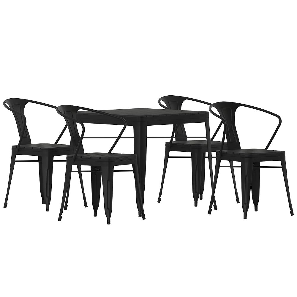 Merrick Lane Hara Five Piece Indoor-Outdoor Dining Table and Chairs Set with 31.5 Square Table and 4 Metal Chairs in Black