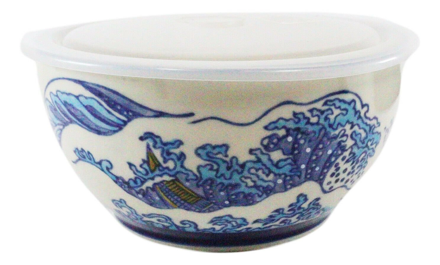 1 Set of 2 Ceramic Blue Hokusai Great Wave Portion Meal Bowls 5 Cups W/ Lid EBR02