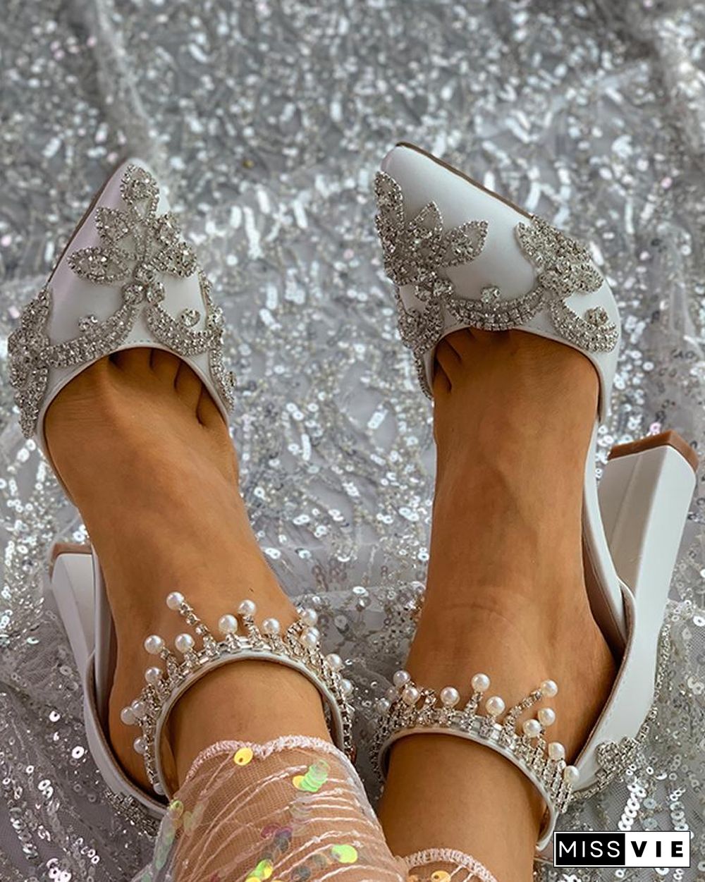 Studded Decor Beaded Tassel Chunky Heels