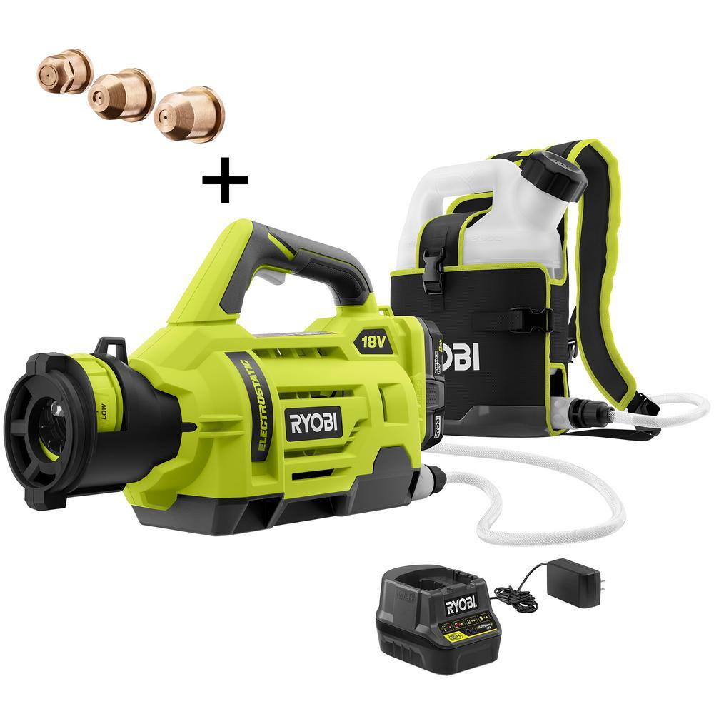 RYOBI ONE+ 18V Cordless Electrostatic 1 Gal. Sprayer w Extra LowMediumHigh Nozzles (2) 2.0 Ah Batteries and (1) Charger P2870-A12