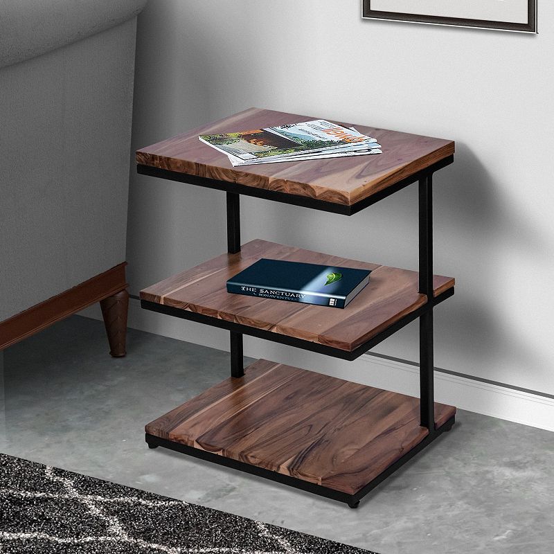 Industrial End Table with 3 Tier Wooden Shelves and Metal Frame， Brown and Black