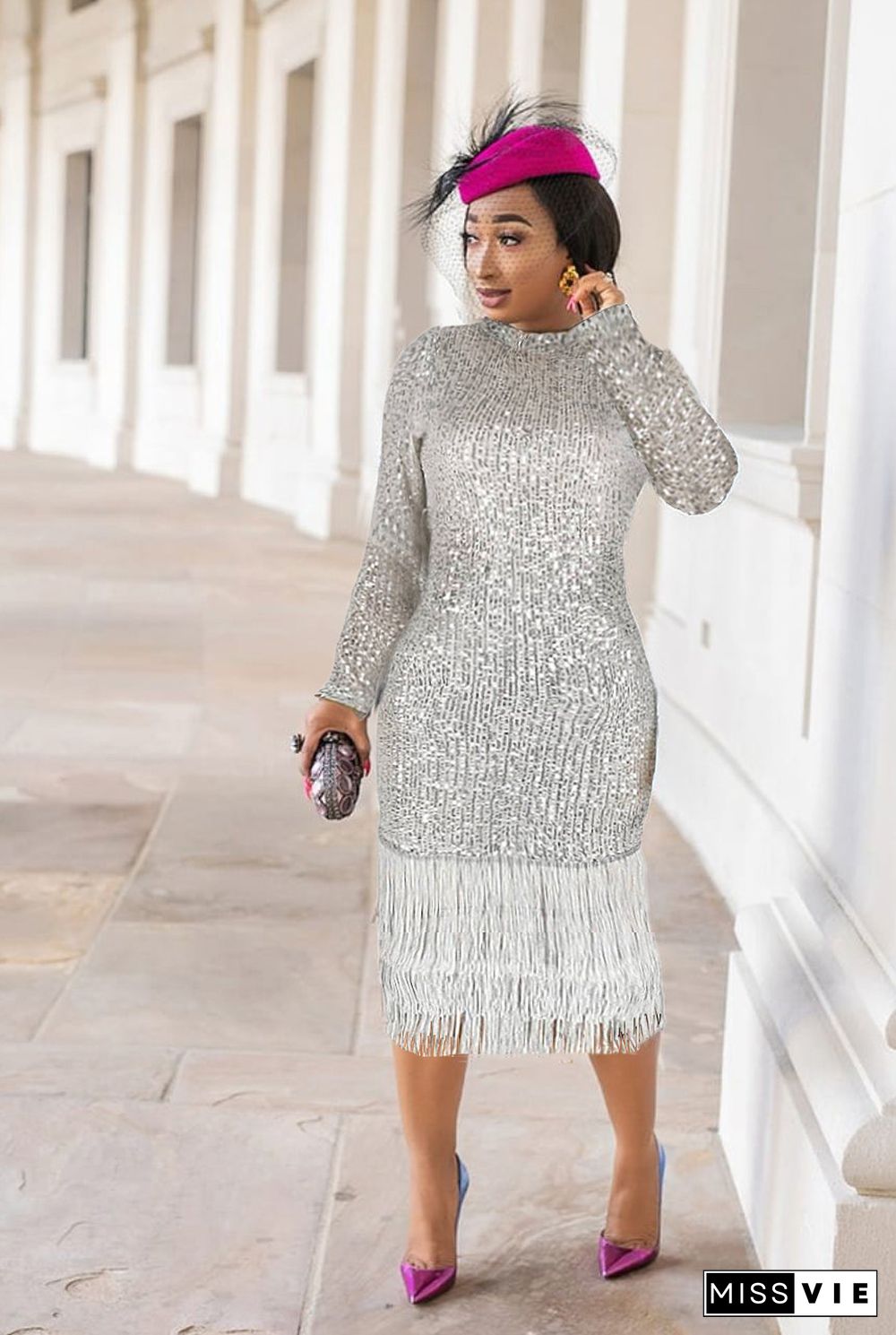 Sexy Sequins Long Sleeves Tassel Nightclub Dress