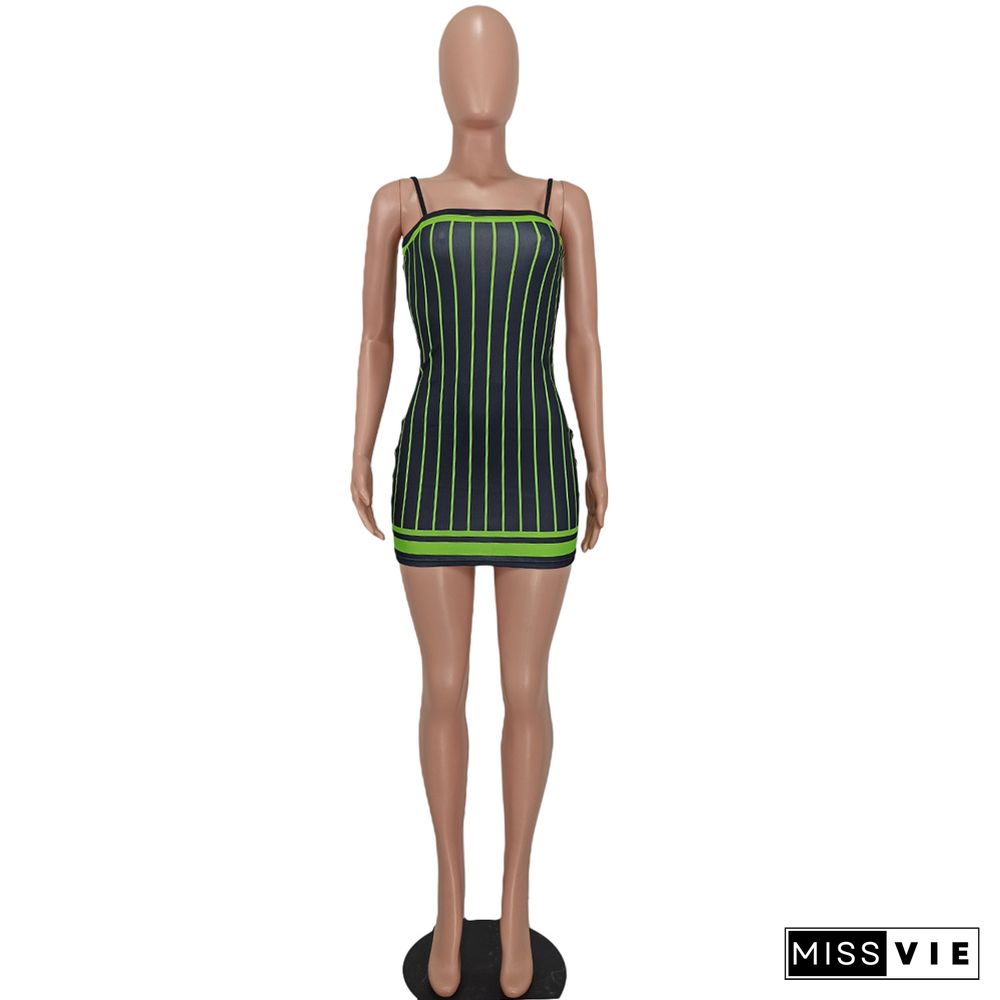 Y2K Striped Print Bodycon Strap Mini Dress