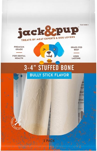 Jack and Pup Bully Stick Stuffed Bone Dog Treat， 2 pack， 3-4-in