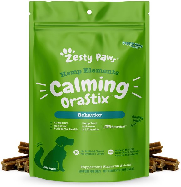 Zesty Paws Hemp Elements Calming OraStix Peppermint Flavored Dental Chews Calming Supplement for Dogs