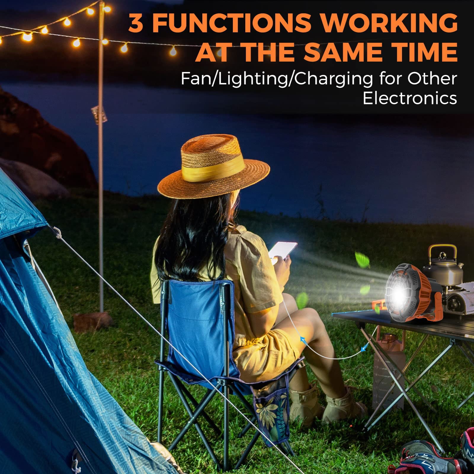 Camping Tent Fan with LED Lantern, Camp Fan Rechargeable, 5200mAh Battery Hanging 360° Adjustment Power Bank Fan with Remote Control for Camping Fishing Outdoor Use