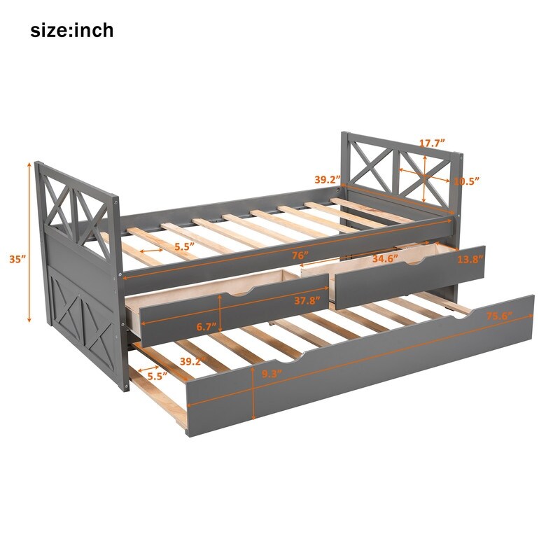 X Pattern Style Twin Wood Daybed Frame with Trundle 2 Drawers for Small Bedroom City Aprtment Dorm