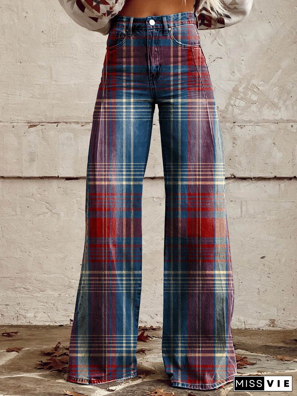 Women's Red and Blue Grid Print Casual Wide Leg Pants