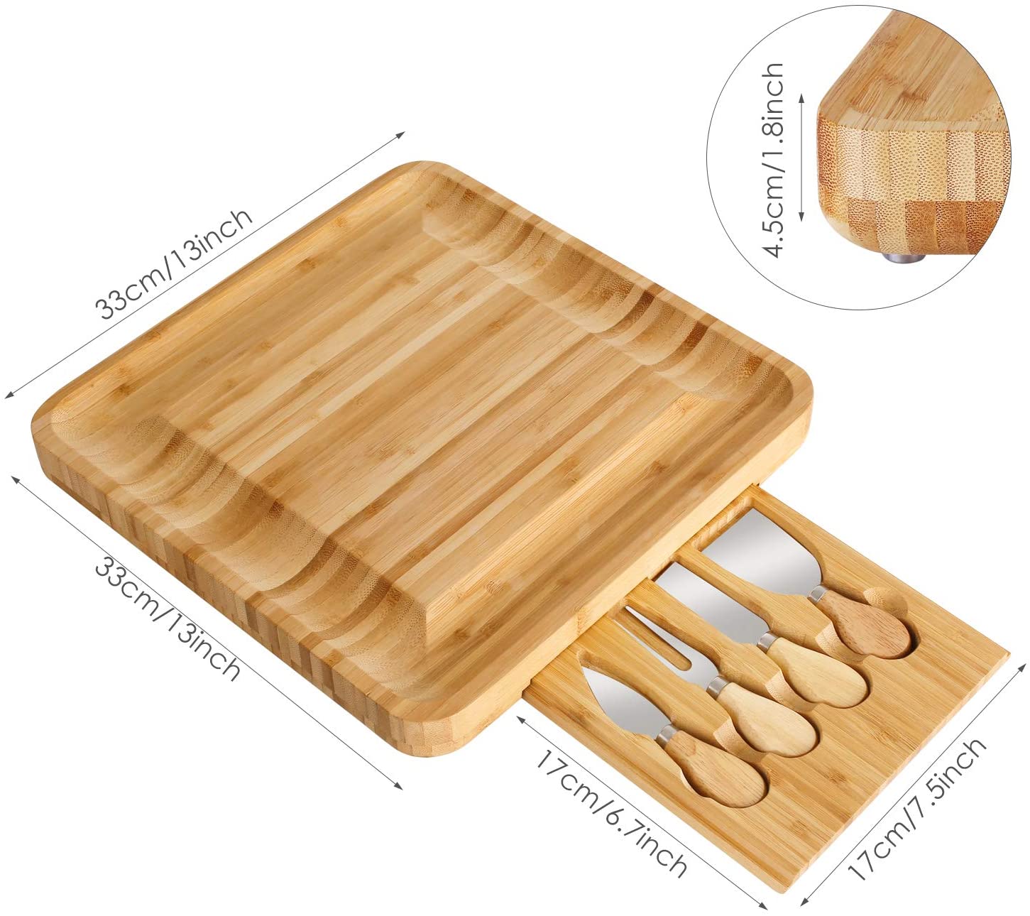 Bamboo Cheese Board Cheese Platter with Utensils Set and 4 Stainless Steel Cutting Knives Cracker and Meat Serving Tray for Display， Decorations， and Cheese Lovers