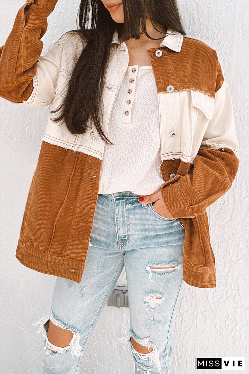 Brown Colorblock Flap Pocket Raw Edge Buttoned Jacket