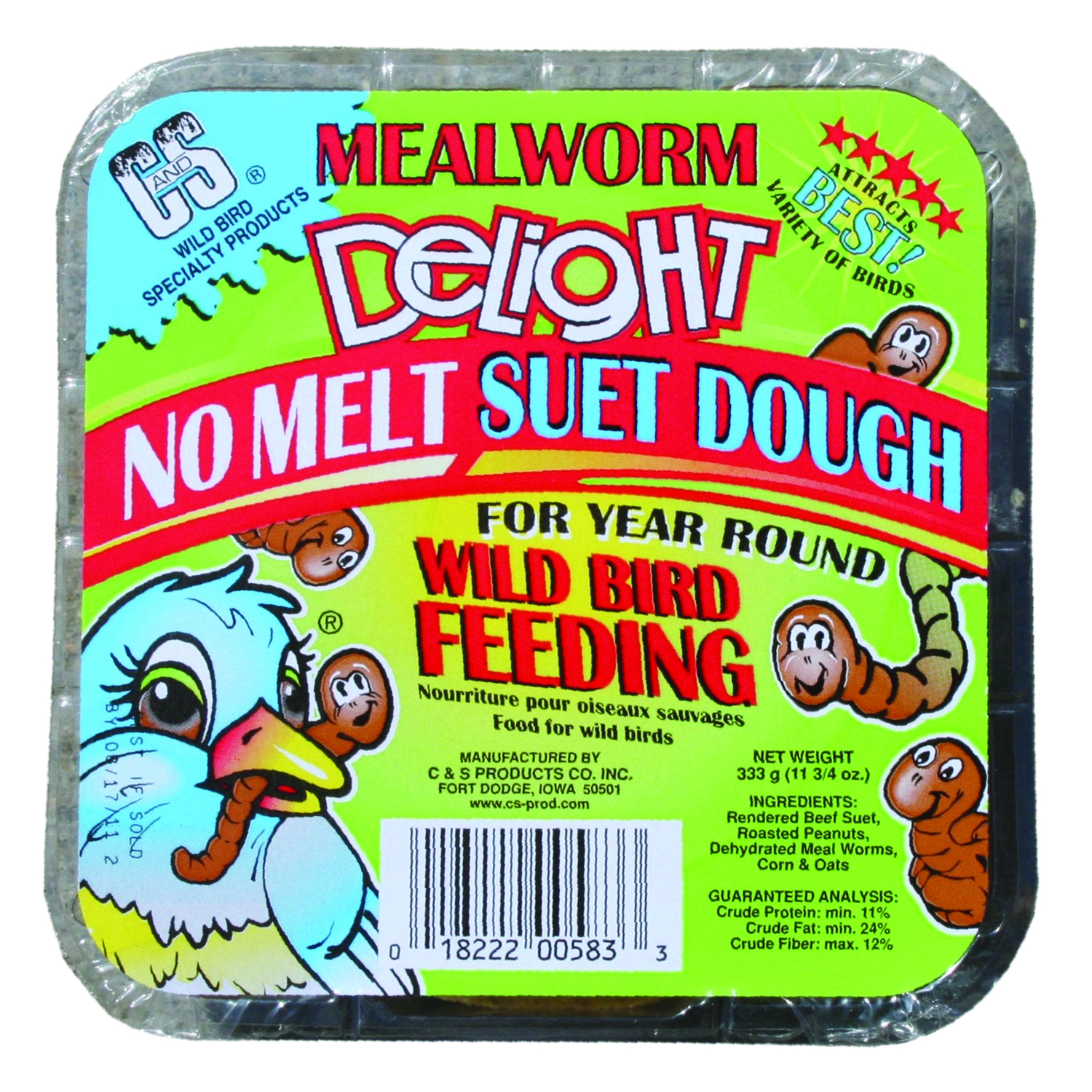 CandS Products Mealworm Delight Assorted Species Beef Suet Wild Bird Food 11.75 oz