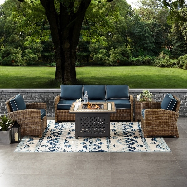 Crosley Bradenton 5Piece Outdoor Wicker Sofa Conversation Set With Navy Cushions