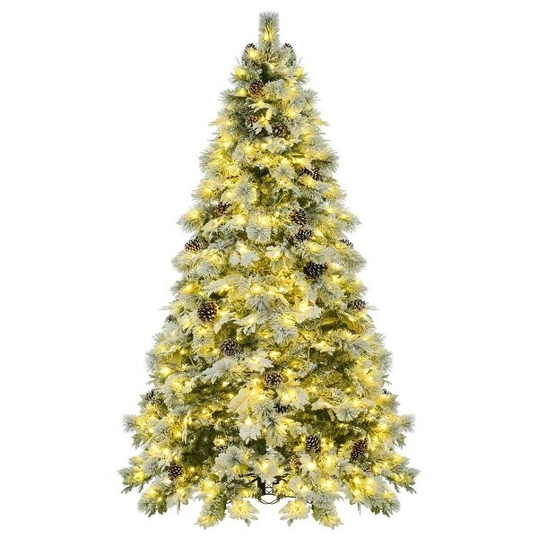 4/6/7.5FT PreLit Spruce Snow Flocked Christmas Tree，PE and PVC Artificial Lighted Xmas Tree with Cones，11 Flashing Modes