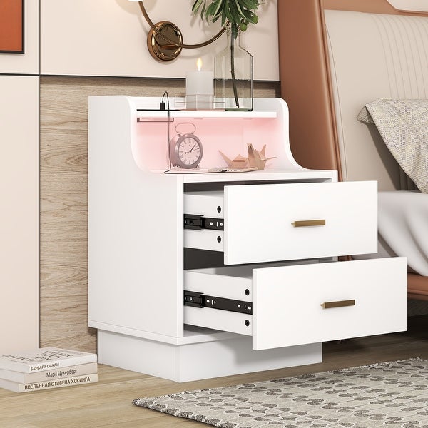 Multifunctional Nightstand with 2 Drawers， Shelf with USB Charging Design， Color-Changing LED - - 37572840