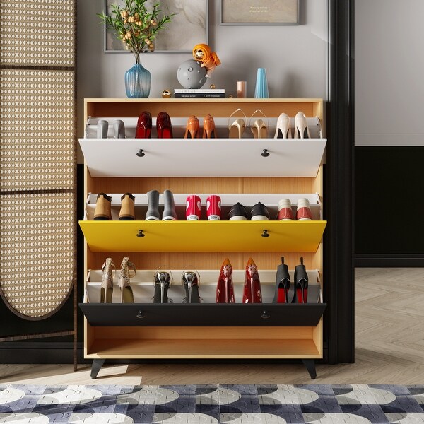 FAMAPY Modern Shoe Storage Cabinet 3 Compartments Wood Shoe Organizer - - 36361911