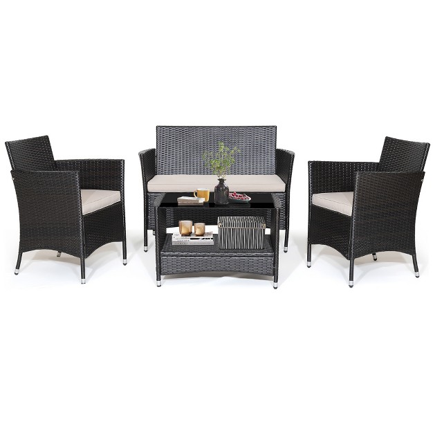 Costway 4pcs Patio Rattan Furniture Set Armrest Cushion Sofa Coffee Table Withshelf Garden