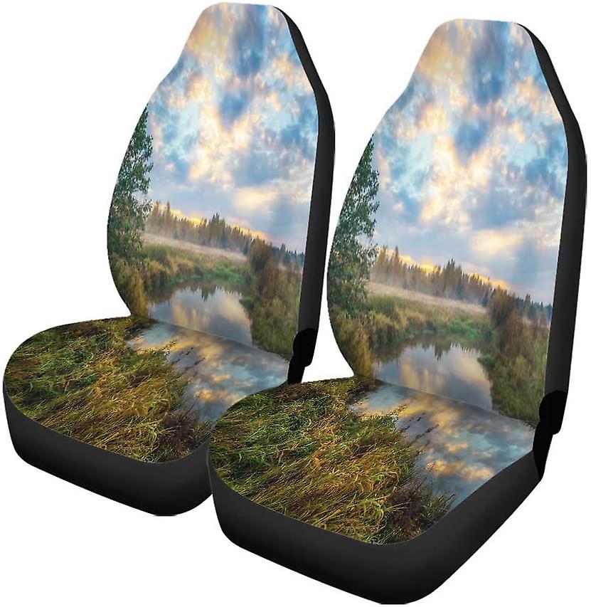 Set Of 2 Car Seat Covers Green Cloudy Sunset Rural River Landscape Sky Clouds Dark Universal Auto Front Seats Protector Fits