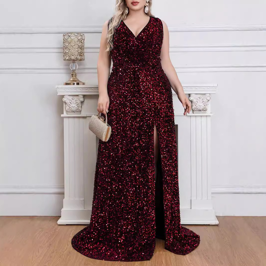 Sexy V-neck sequined floor-length evening dress elegant sleeveless slit banquet party dress