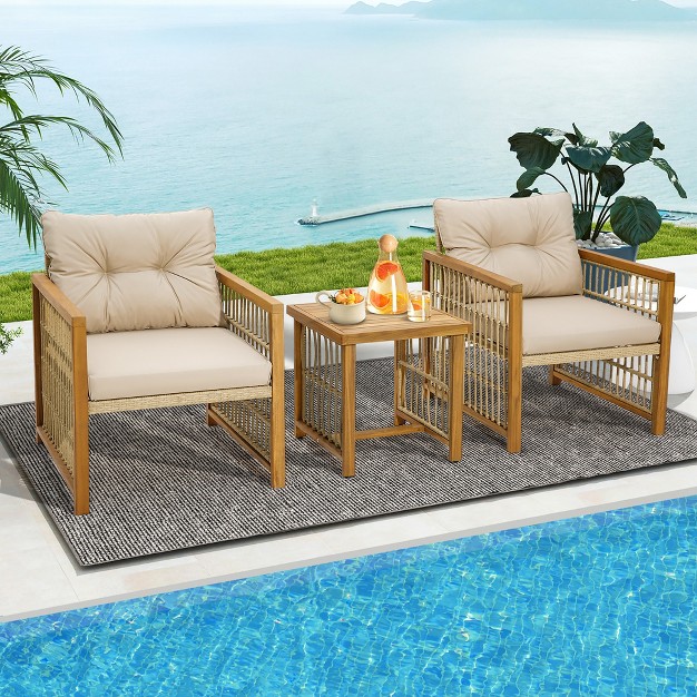 Tangkula 3pcs Patio Acacia Wood Pe Wicker Furniture Set W Soft Seat amp Back Cushions