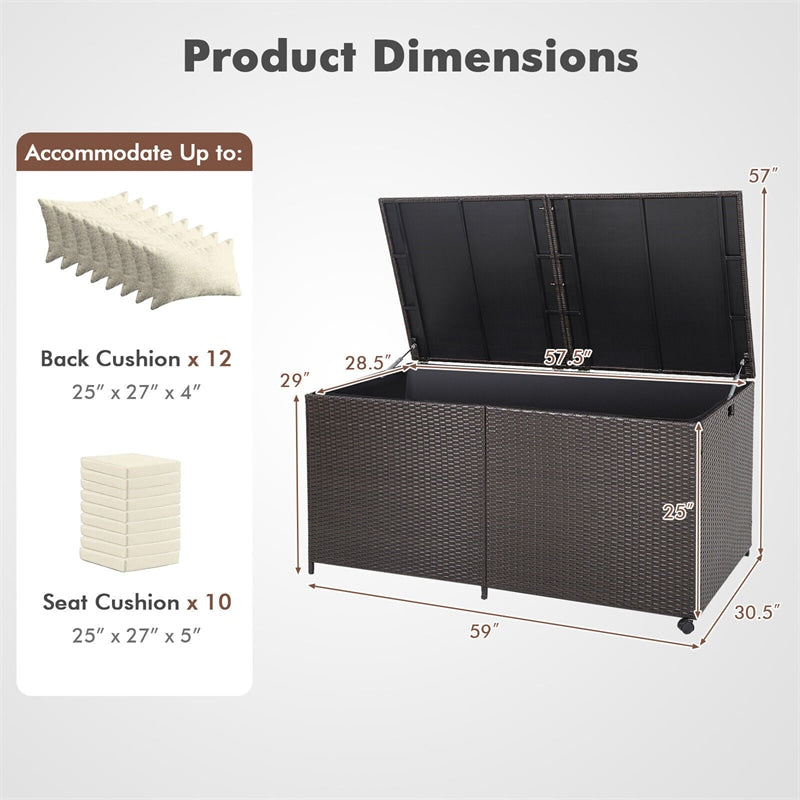 175 Gallon Rattan Garden Storage Box Wicker Deck Box with 2 Universal Wheels & Waterproof Zippered Liner