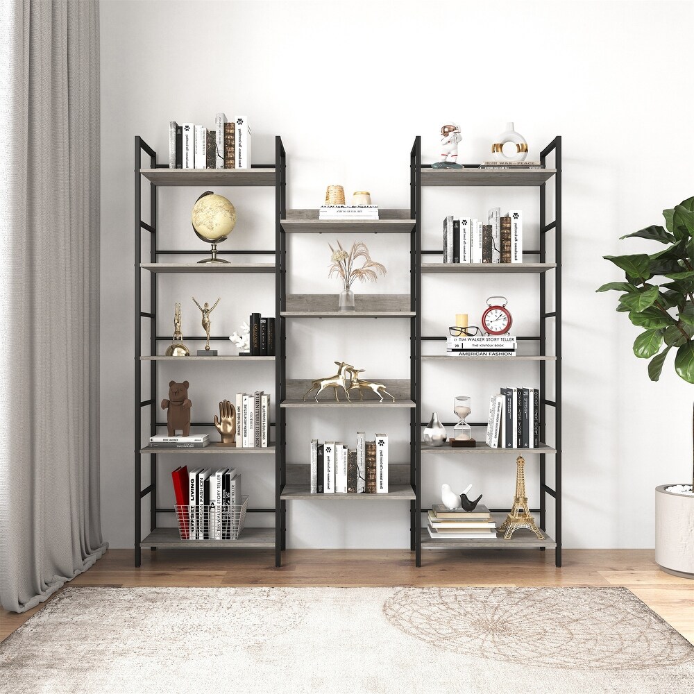 Triple Wide 5 shelf Bookshelves Industrial Retro Wooden Style Home and Office Large Open Bookshelves