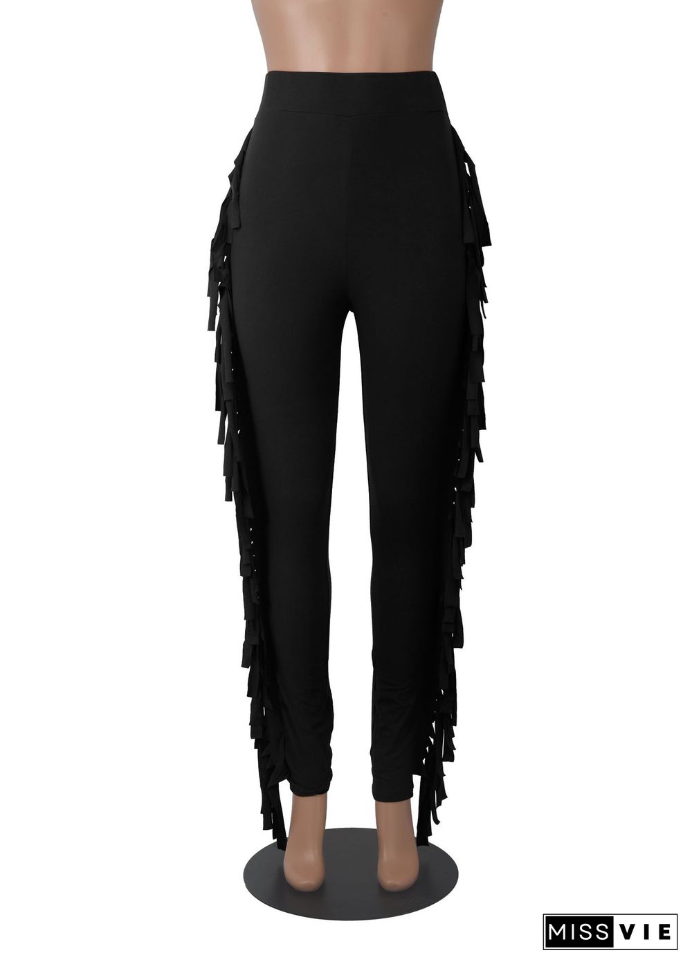 Solid Elastic Waist Side Tassel Casual Pencil Pants