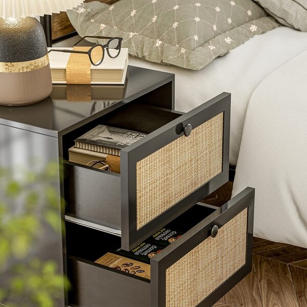 Rattan Nightstand Set of 2， End Side Table with 2 Handmade Natural Rattan Drawers， Accent Bedside Table with Storage - - 37629454