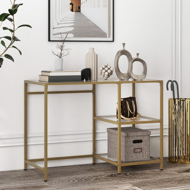 Costway 42 modern Console Table Tempered Glass Entryway Table With 2 Open Shelves amp Metal Frame Gold