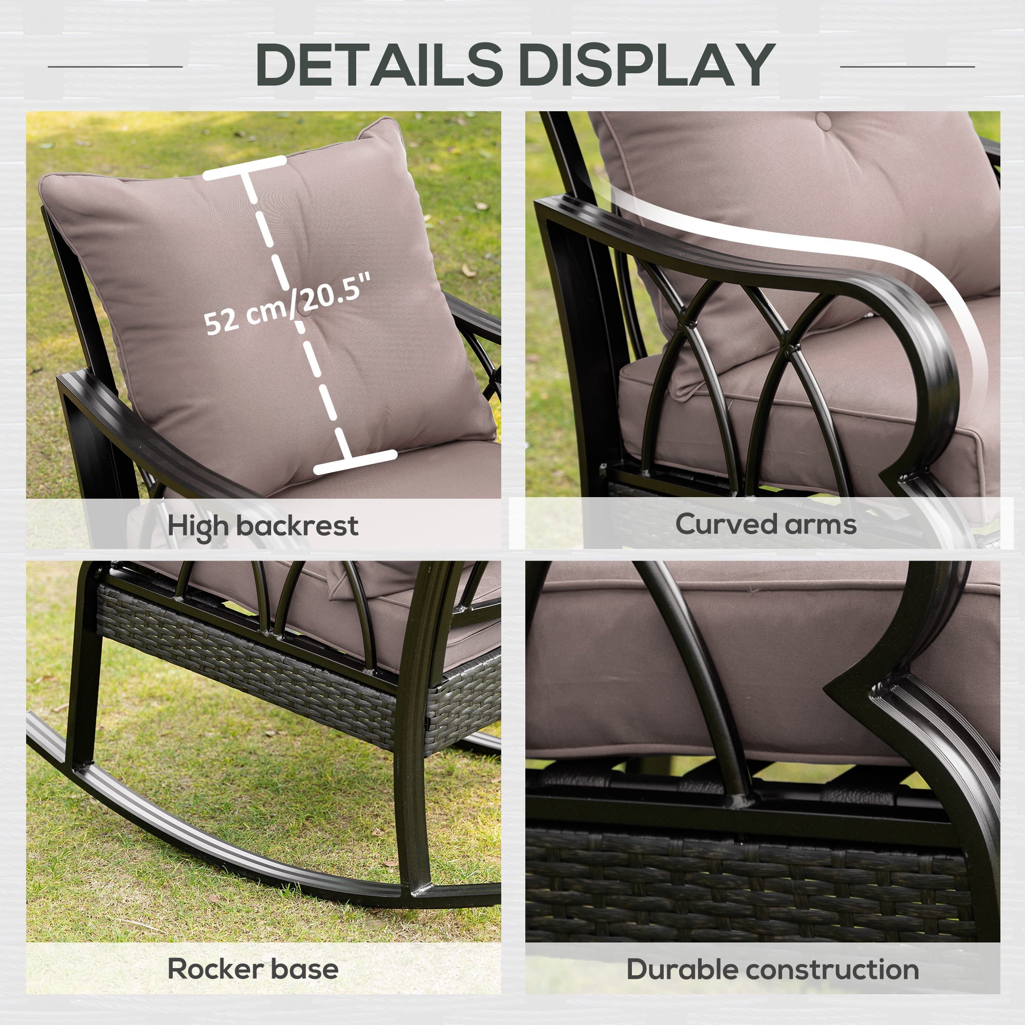 Outsunny Outdoor Wicker Rocking Chair with Padded Cushions, Aluminum Furniture Rattan Porch Rocker Chair w/ Armrest for Garden, Patio, and Backyard, Grey