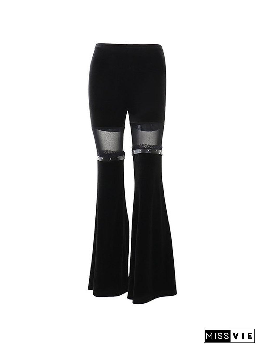 Mesh Paneled Velvet Flare Leg Pants