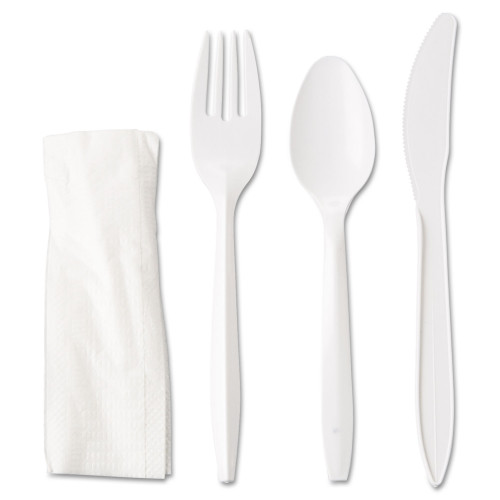 GEN Wrapped Cutlery Kit， Fork/Knife/Spoon/Napkin， Mediumweight， Polypropylene Plastic， White， 250/Carton (4KITMW)