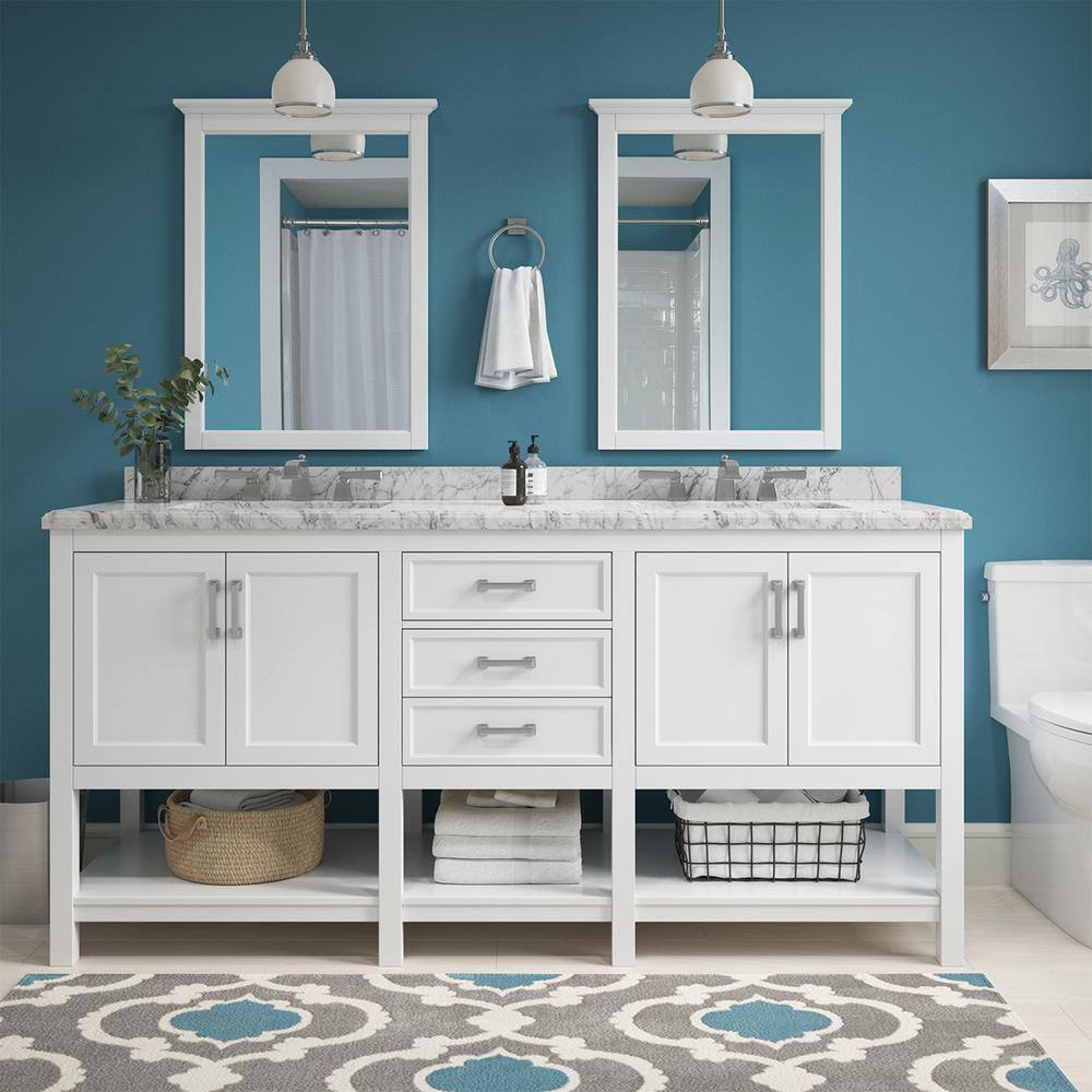 Home Decorators Collection Everett 72 in. W x 22 in. D Vanity Cabinet in White with Carrara Marble Vanity Top in White with White Basins EEWVT7222D