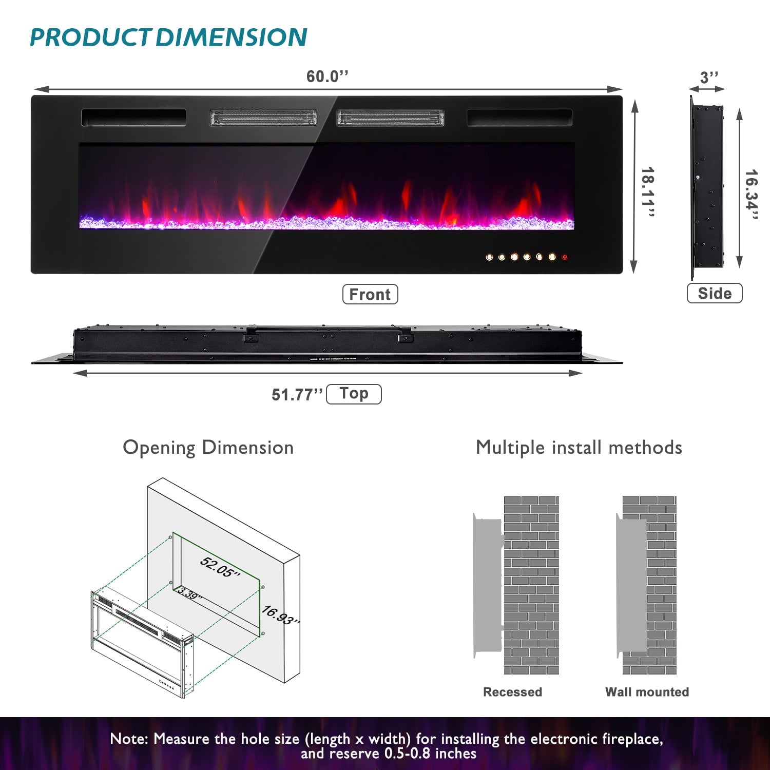 BaPiPro 60 inch Electric Fireplace, Recessed Wall Mounted Electric Fireplace inserts,Ultra Thin, 750W/1500W, 12 Color Flame, Remote Control