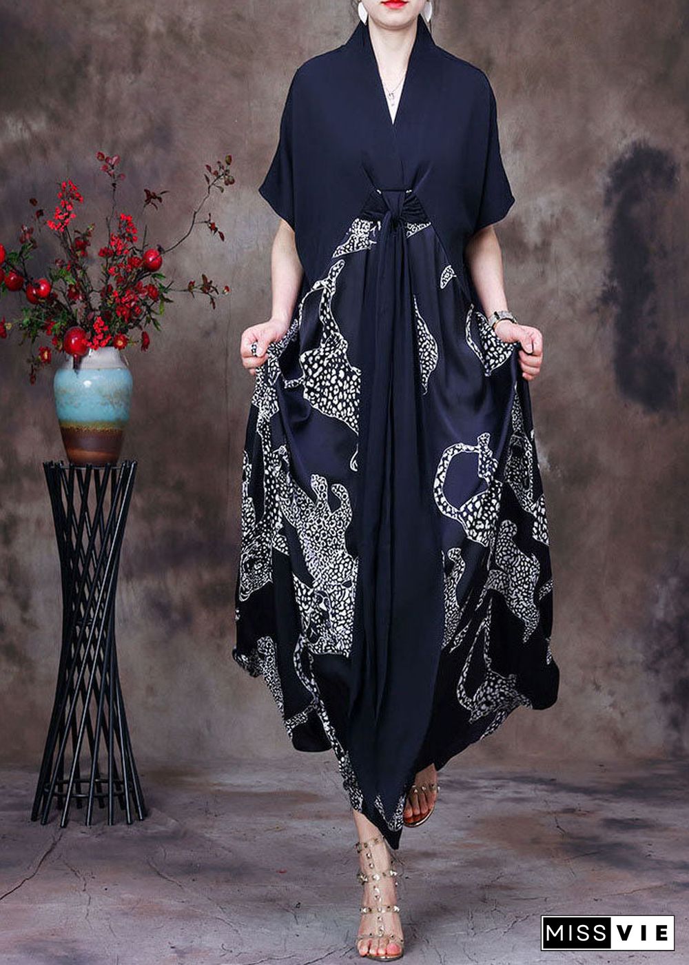 Loose Black V Neck Patchwork Print Silk Vacation Long Dress Short Sleeve