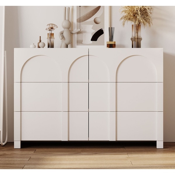 White French Style 6 Drawer Double Dresser， Rubber Wood Accent Storage Cabinet with Arch Door， Closet Chest of Drawers - - 37838436